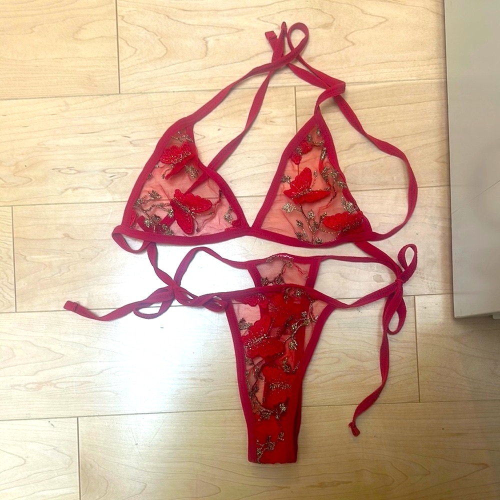 Red lace floral butterfly Embroidered Bra panty Set